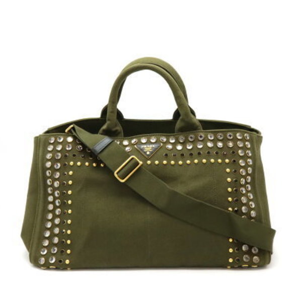 Prada Canapa Tote Bag Studded Beads Studs Khaki Green Canvas - Picture 1 of 7
